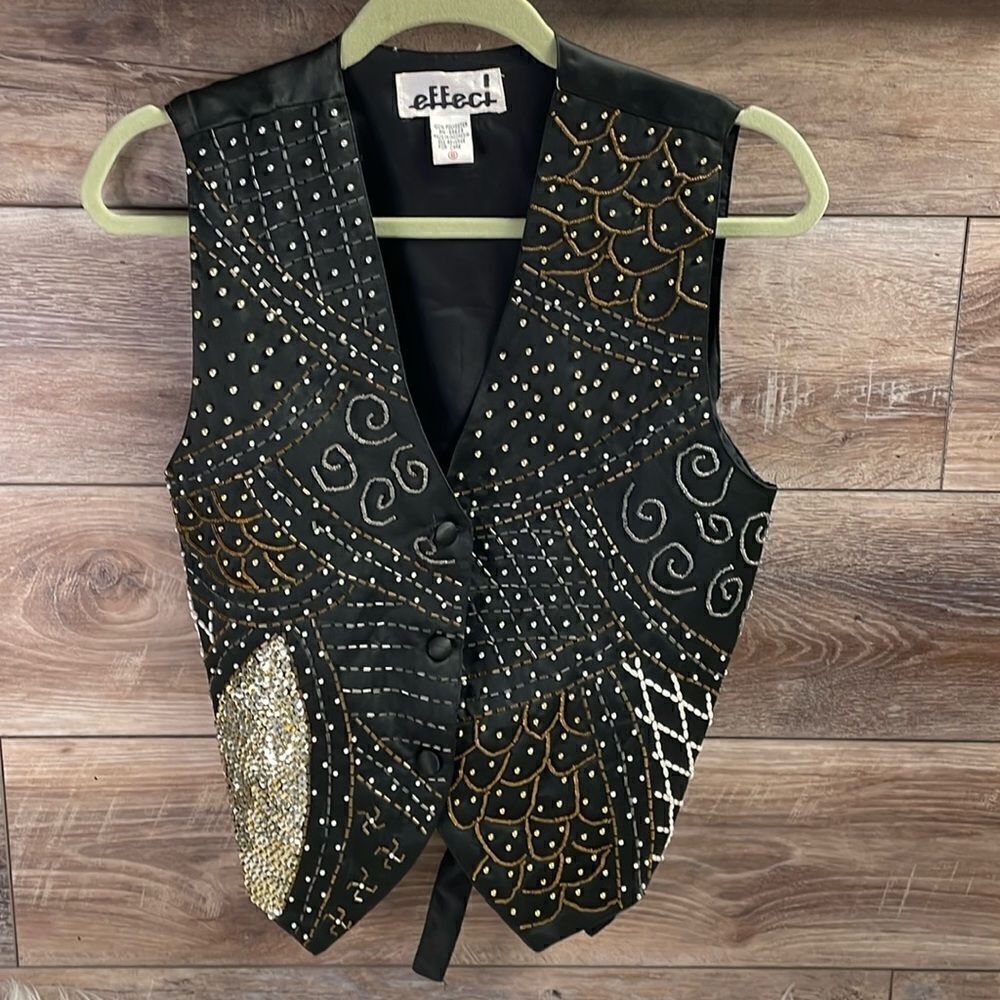 Vintage EFFECI Beaded Vest Black Embellished Boho Art Deco Statement Top Retro